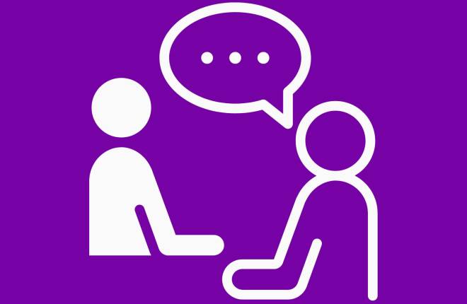 icons of two people talking on purple background