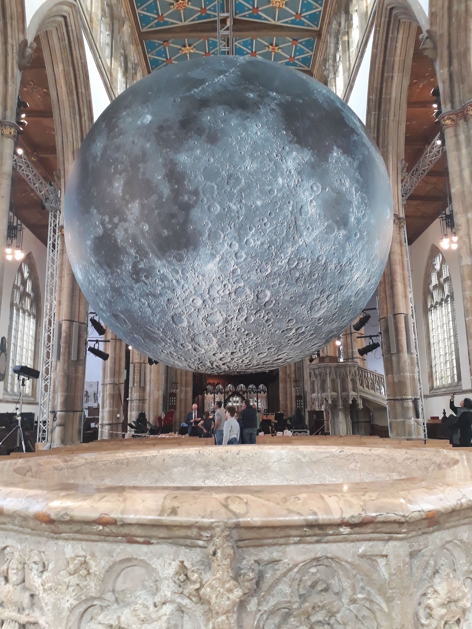 A moon installation at a cathedral.