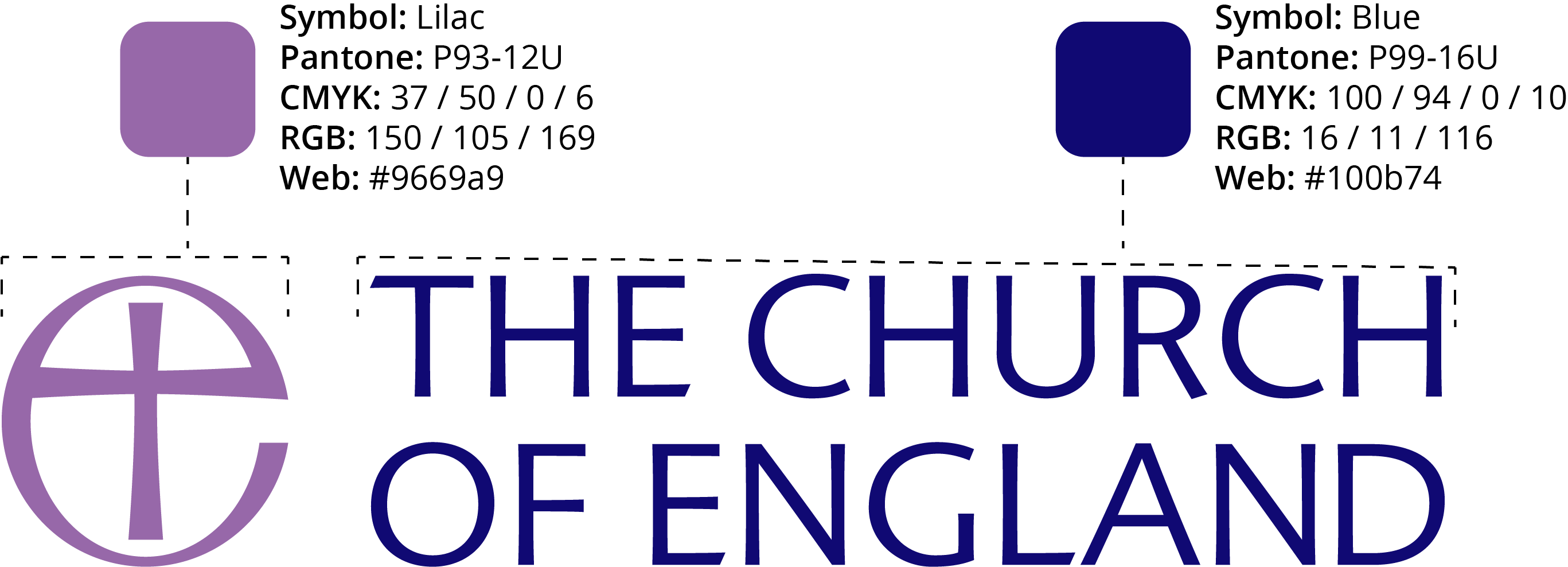 The Church of England logo colours listed against each element of the logo.