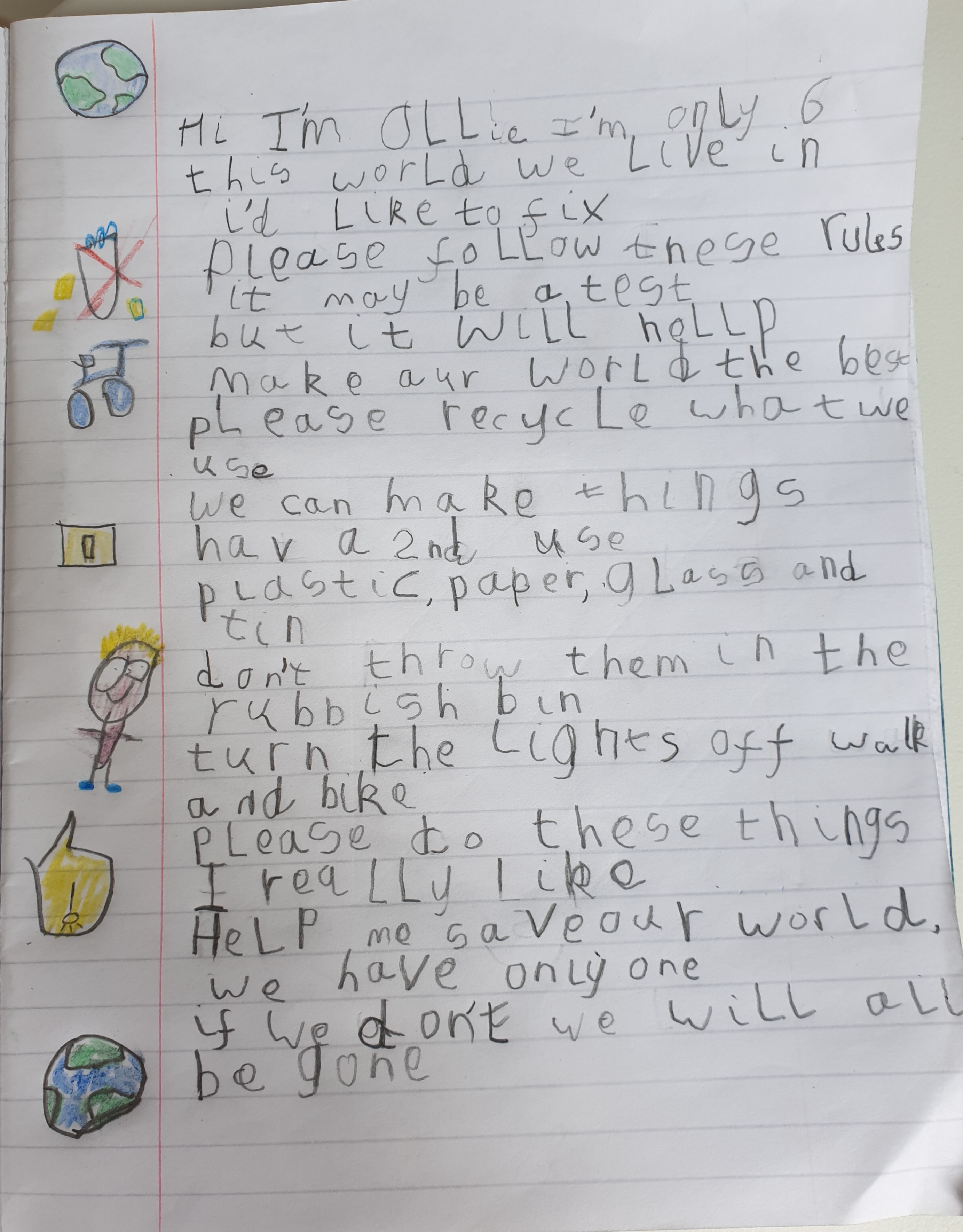 A letter written by a child about caring for God's creation.