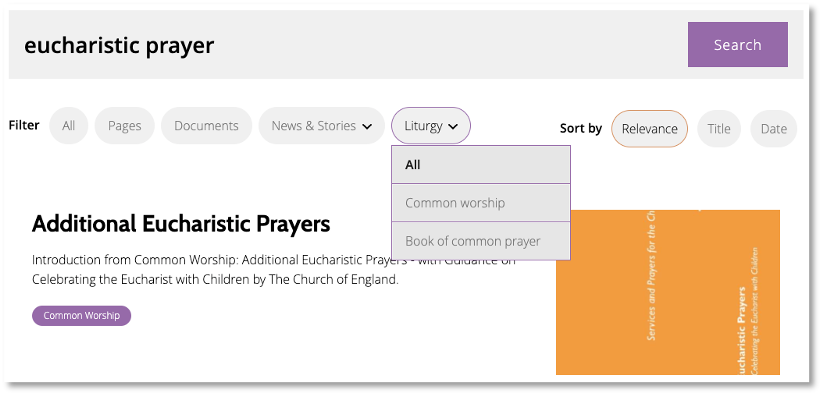 Search improvements - Liturgy search result example - CW.