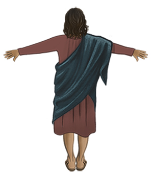 An animated Jesus with his back towards us and hands out to the side