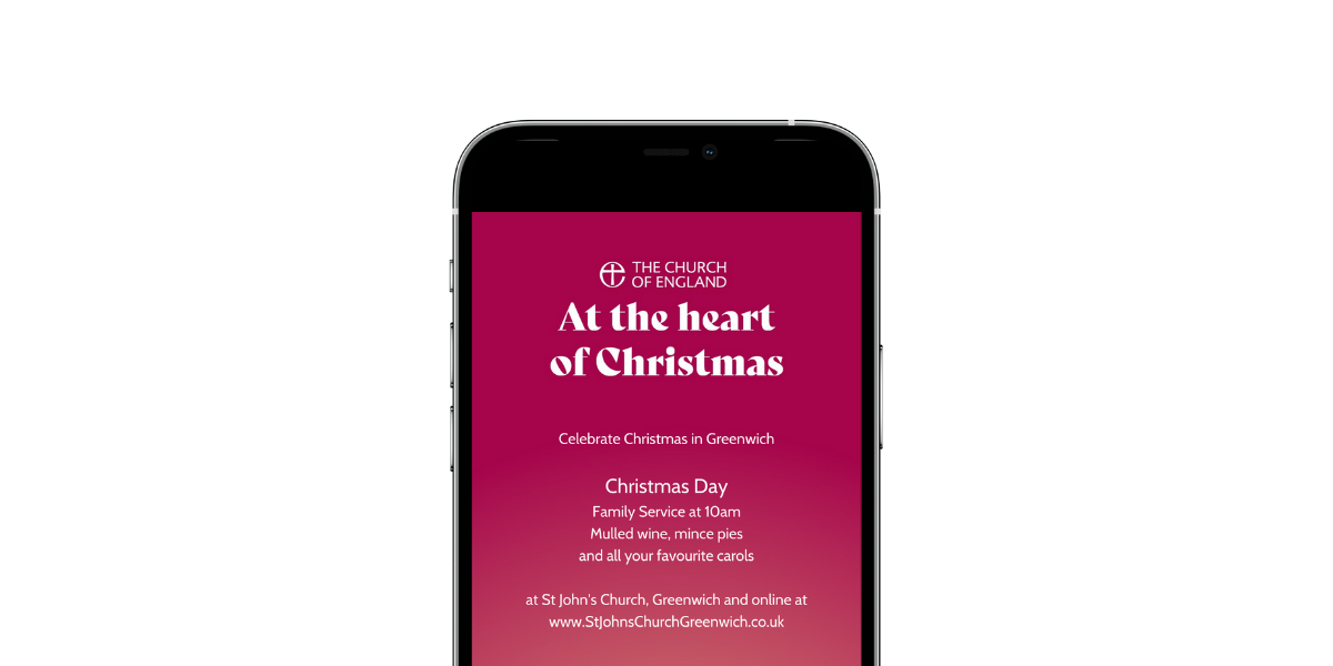 A smartphone showing a screenshot on the screen of a church invite to a Christmas service