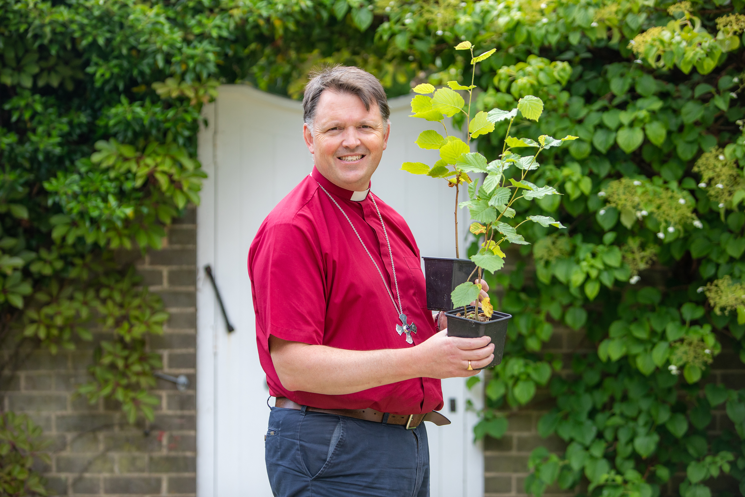 Bishop Graham stands in his garden holding a hazel tree sapling, like those he gives to every confirmation candidate in Norwich Diocese