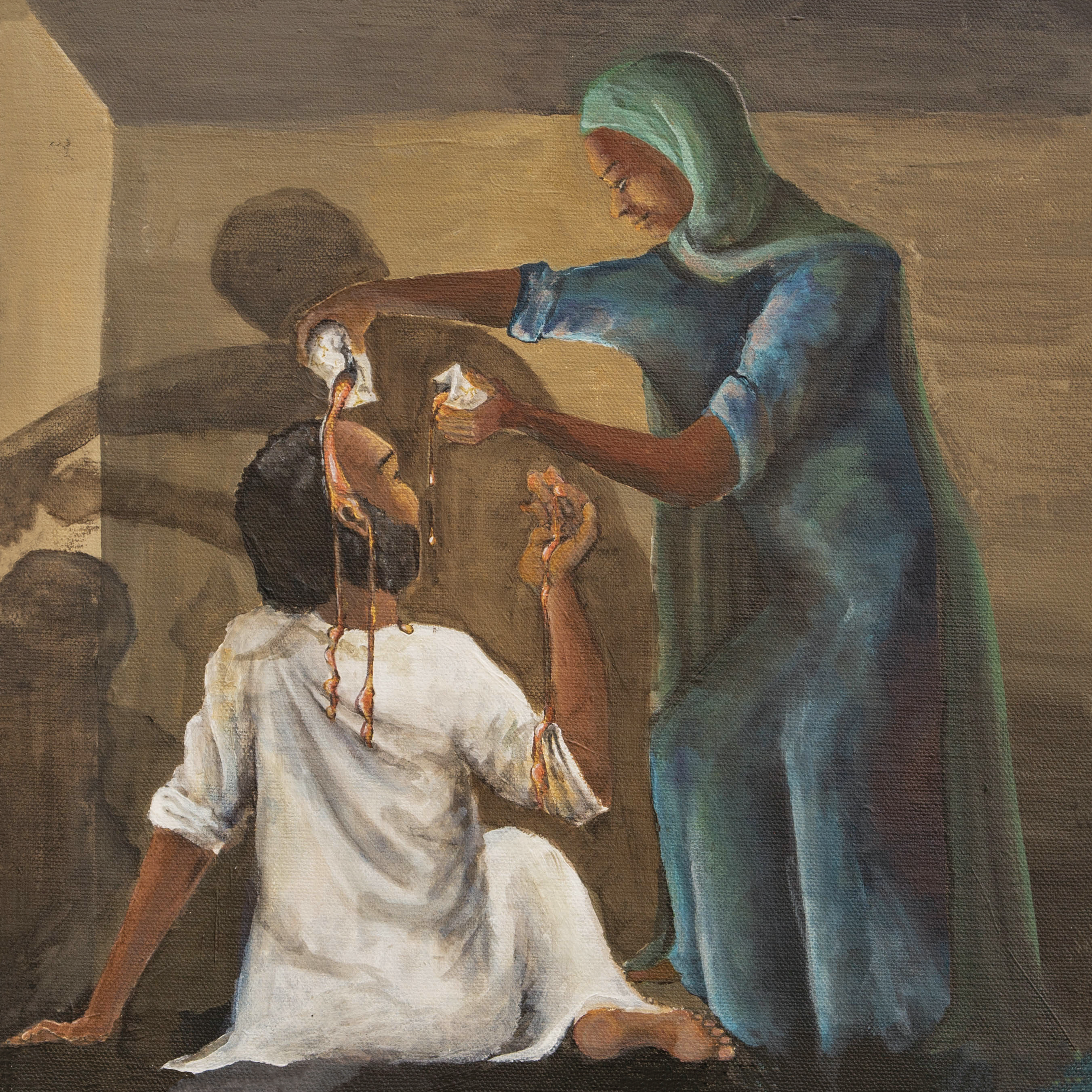 Artwork of a woman, Susannah, pouring a jar of pure nard over Jesus.