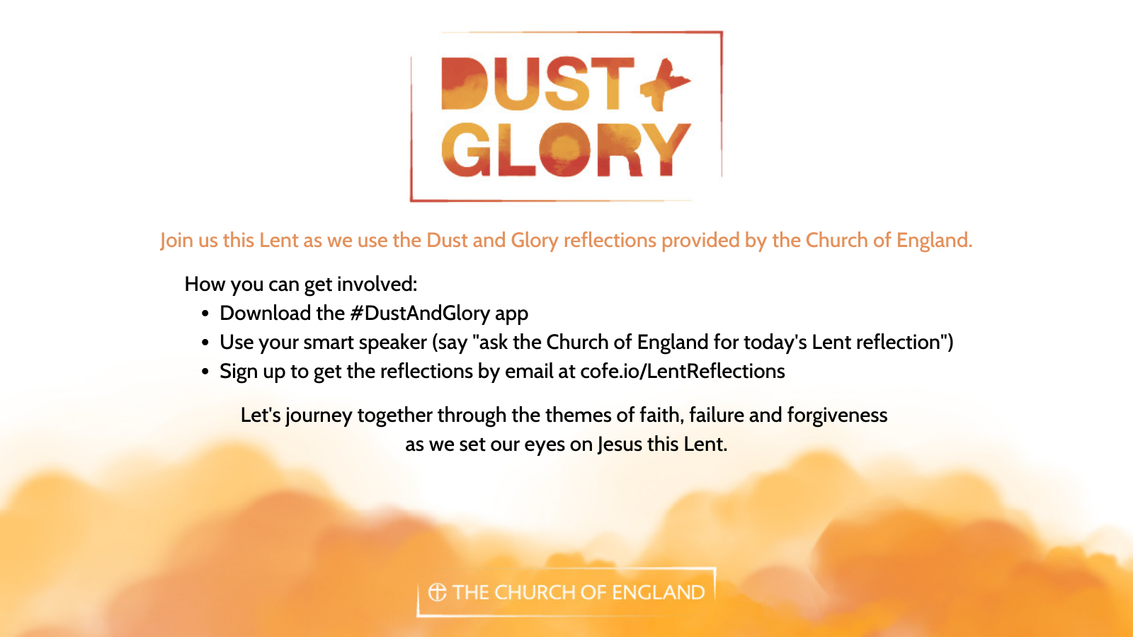 A downloadable infographic with information about how users can access the daily reflections - download the Dust and Glory app, use your smart speaker, sign up to the reflections by email