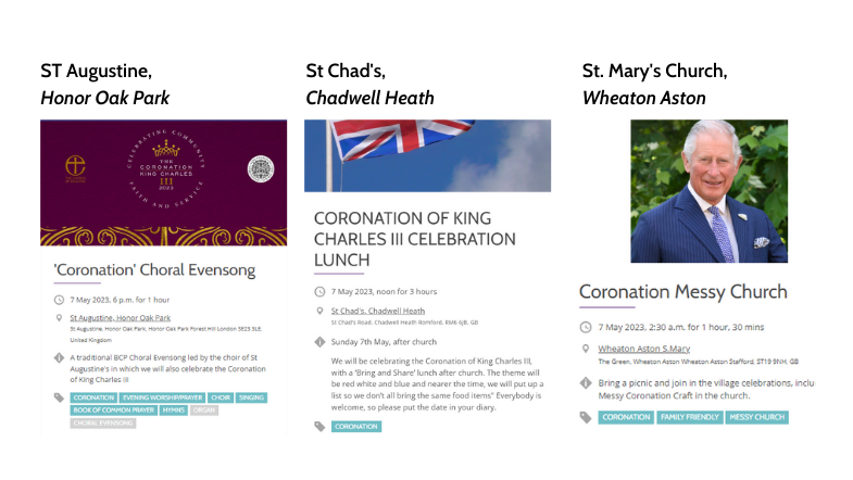 3 example listings of Coronation events or services on AChurchNearYou.com