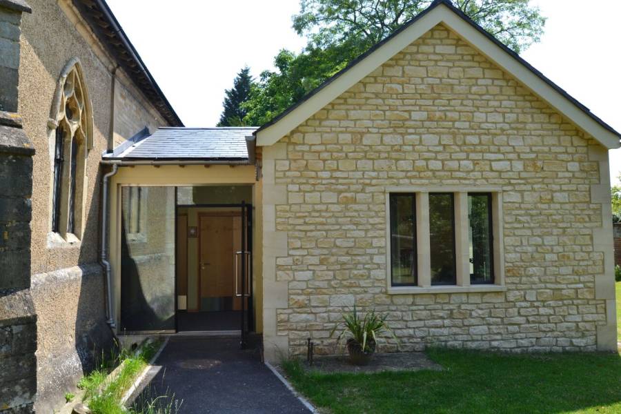 A small modern extension to a church building