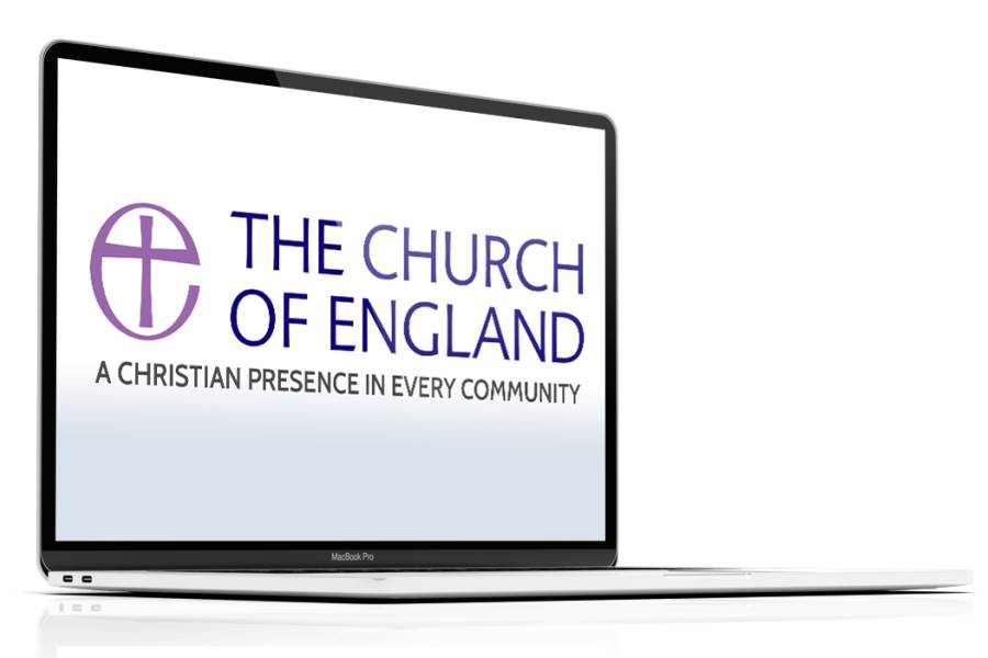 The Church of England logo on a laptop.