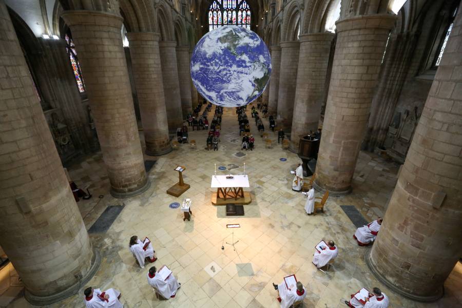 The Gaia installation at Gloucester Cathedral is shown in the nave 
