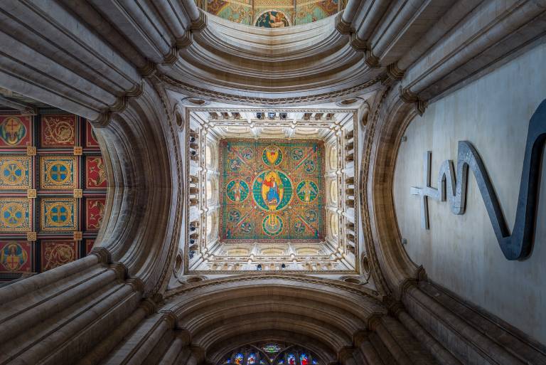Ely Cathedral looking at the painted ceiling of the west tower