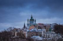 St Andrew's Church, Kyiv, snow is shown with dark clouds here