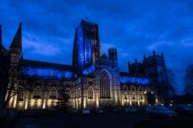 Durham Cathedral lit in the colours of the Ukrainian flag