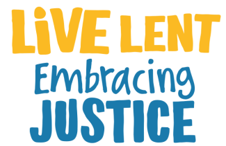 The words "Live Lent" in yellow appear above the words "Embracing Justice" in blue.