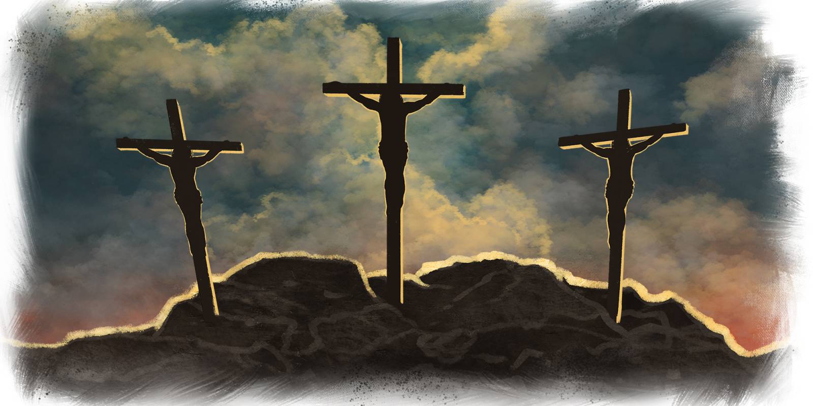 Three people being crucified on three crosses