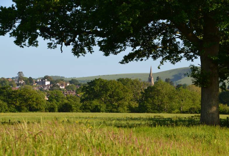 Countryside landscape with church spire in the distance