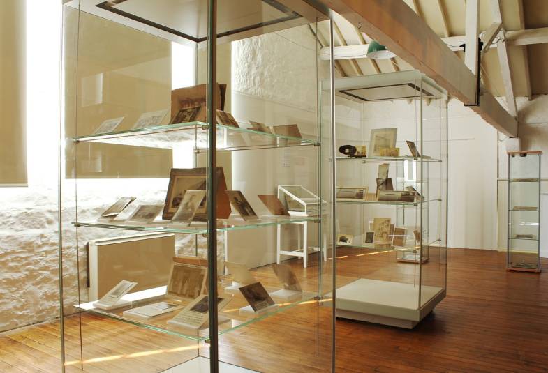 Glass cases with historical objects inside