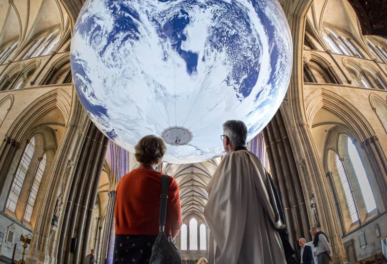 A giant globe hangs in Salisbury Cathedral