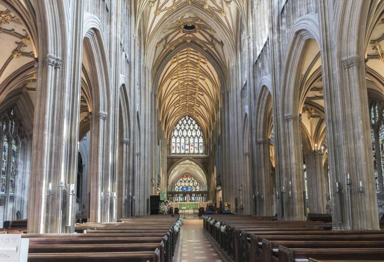 The interior of St Mary Redcliffe Church in Bristol taken from the West end