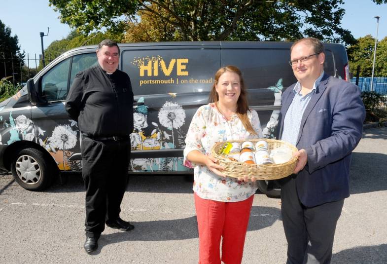 The launch of the Harvest Appeal 2020: Canon Bob White with Fratton residents Brian and Maggie Moles (photo: The News, Portsmouth, taken by Sarah Standing)