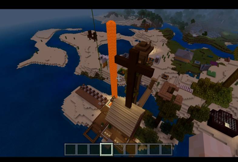 A view of the virtual world of Minecraft dominated by a cross
