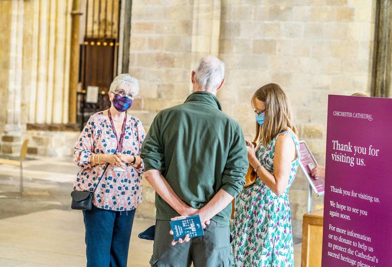 Visitors are welcomed at Chichester Cathedral in masks and socially distanced 