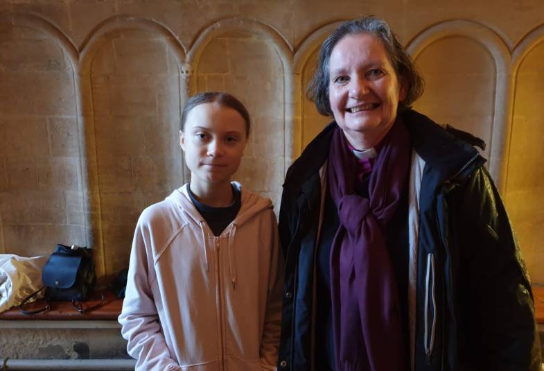 Greta Thunberg poses with Bishop Viv of Bristol in 2020