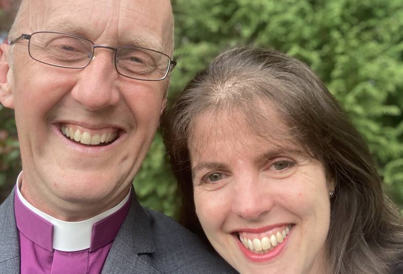 Bishop Michael the new Bishop of Bath and Wells shown with his wife smiling