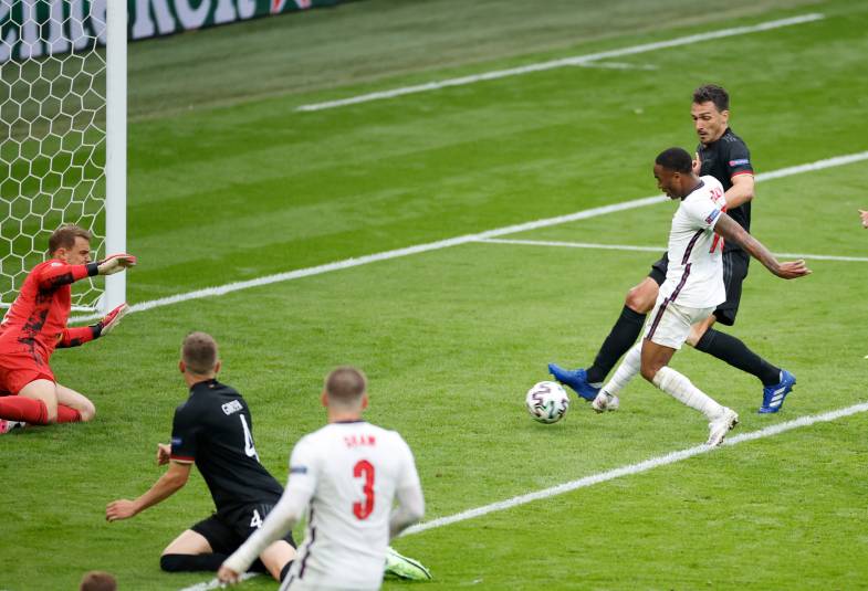 Sterling puts the ball into the net v Germany at Euro 2020