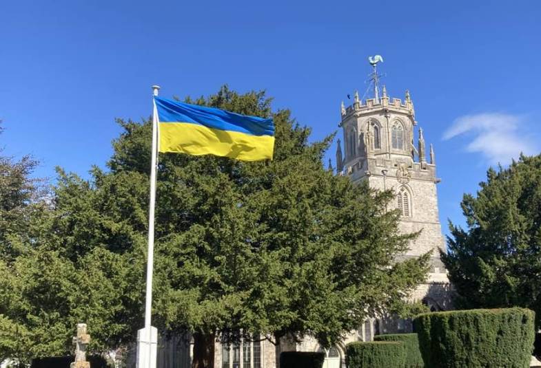 the Ukrainian flag at St Andrew’s Church in Colyton, Devon