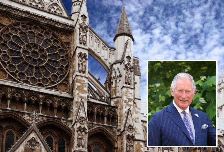 An image of Westminster Abbey overlaid with an image of King Charles III