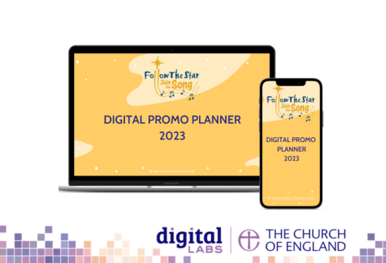 Image of laptop with Follow The Star: Join the Song branding and wording that says Digital Promo Planner 23