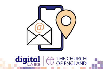 Graphic showing a phone, email icon and location pin with digital labs branding