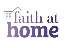 Faith at Home text with a building outline in the background