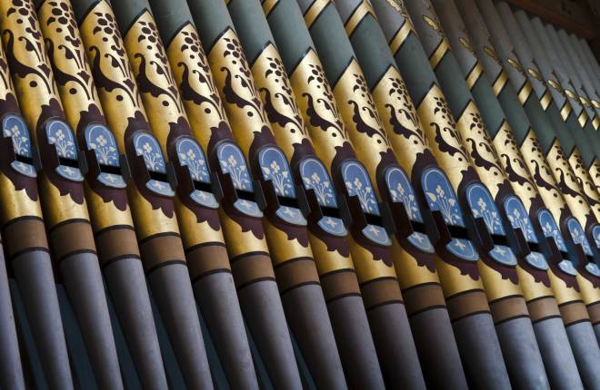 Row of organ pipes inside church