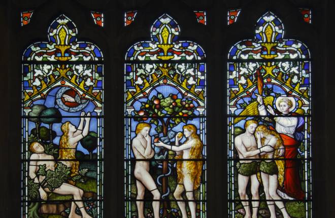 Story of Adam and Eve in stained glass 