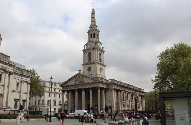 The western facade of St Martin-in-the-Fields on a cloudy April morning.