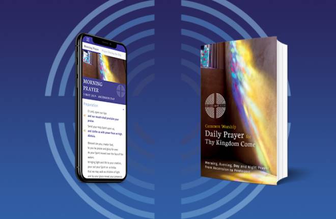 Thy Kingdom Come booklet and app on top of a blue gradient background.