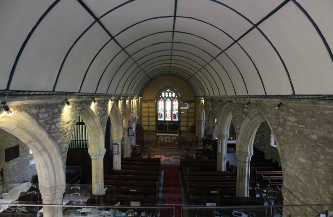 A view of the nave of St Mary the Virgin, Walkhampton, as seen from the tower.