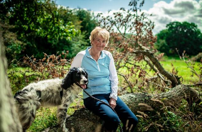 Woman in a blue and white top and jeans sitting on a fallen tree with a springer spaniel. There is a green field and trees in the background.