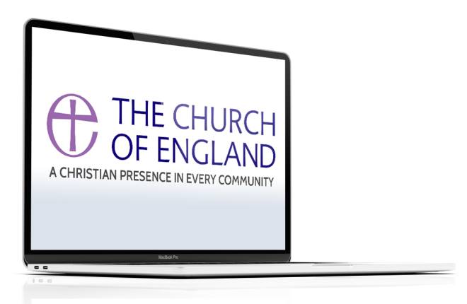 The Church of England logo on a laptop.