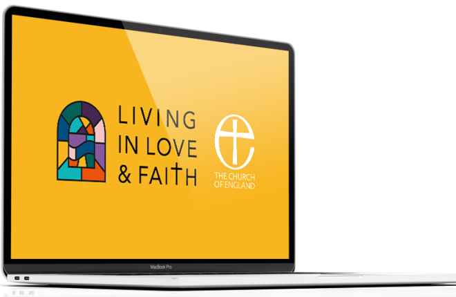 The Living in Love and Faith logo on a computer.