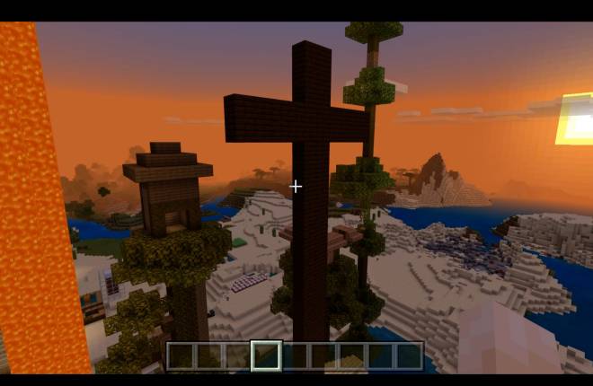 A screengrab of a cross on Minecraft in block
