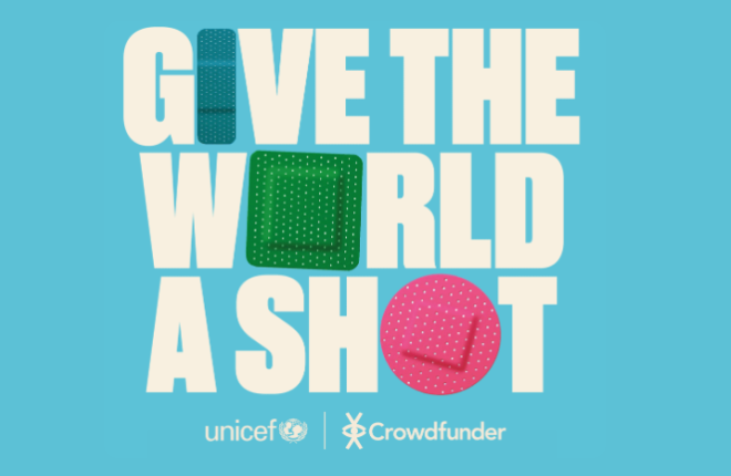 Unicef's logo for the Give The World A Shot campaign showing letters and sticking plasters