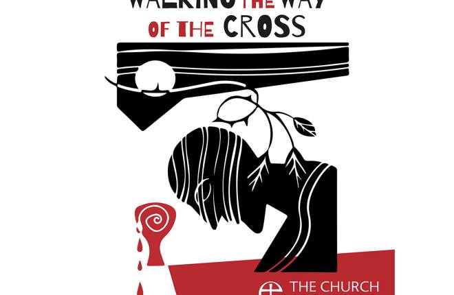 An abstract black, white and red illustration of Jesus praying in the Garden of Gethsemane with the text 'Walking the Way of the Cross'.