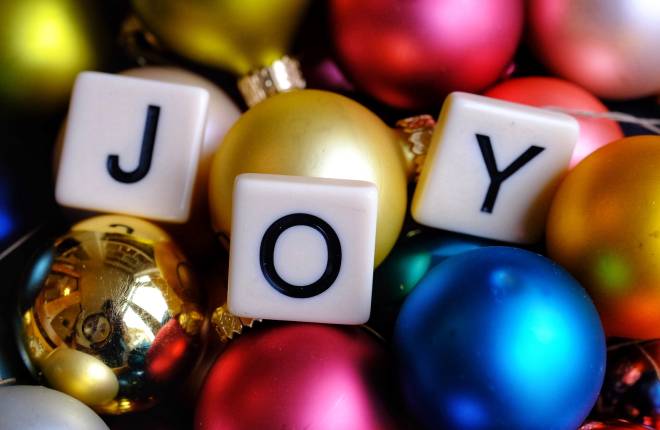 Letters spelling the word 'joy' on top of colourful Christmas baubles