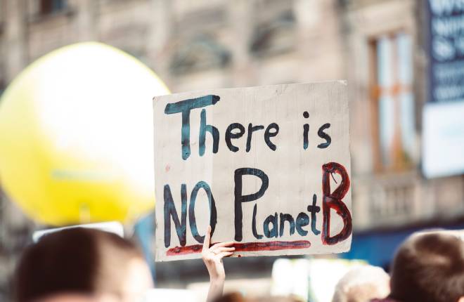 A poster reading "there is no planet b" is held up by a young person at a School Strike for the Climate event 