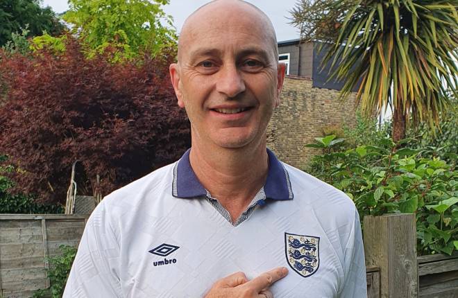Football chaplain Matt Baker in an England football shirt