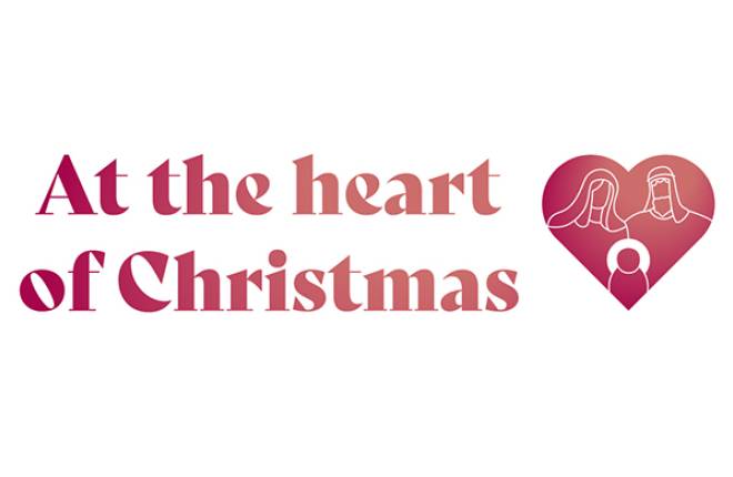 At the heart of Christmas text written next to a heart with people outlines of Mary, Joseph and Jesus