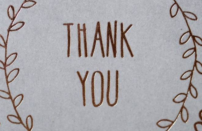 Close up of a thank you card